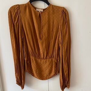 Silky Gold Long-Sleeve Keyhole Blouse